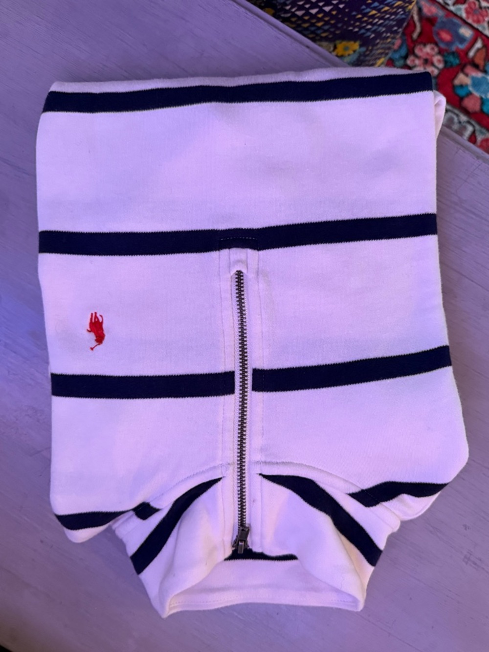 Polo by Ralph Lauren White & Navy Striped Zip Hoodie with Red Pony